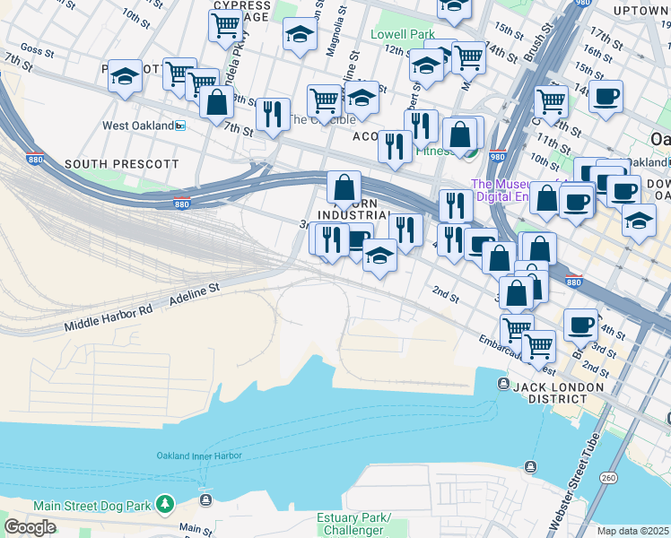 map of restaurants, bars, coffee shops, grocery stores, and more near 154 Linden Street in Oakland
