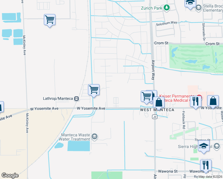 map of restaurants, bars, coffee shops, grocery stores, and more near 218 Swanson Road in Manteca