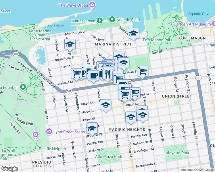 map of restaurants, bars, coffee shops, grocery stores, and more near in San Francisco
