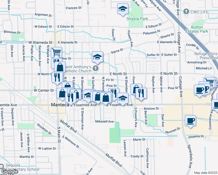 map of restaurants, bars, coffee shops, grocery stores, and more near 616 Fir Street in Manteca