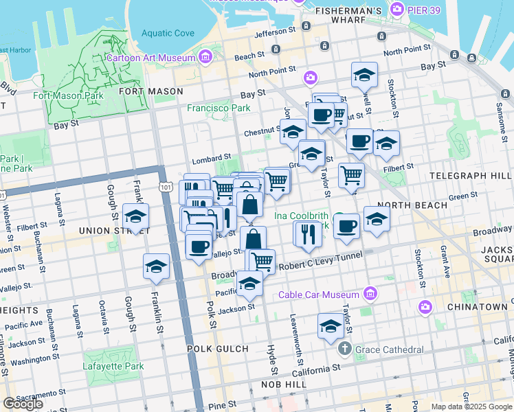 map of restaurants, bars, coffee shops, grocery stores, and more near 14A Havens Street in San Francisco