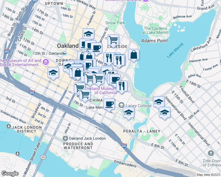 map of restaurants, bars, coffee shops, grocery stores, and more near 1106 Madison Street in Oakland