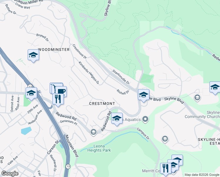 map of restaurants, bars, coffee shops, grocery stores, and more near 232 Rishell Drive in Oakland