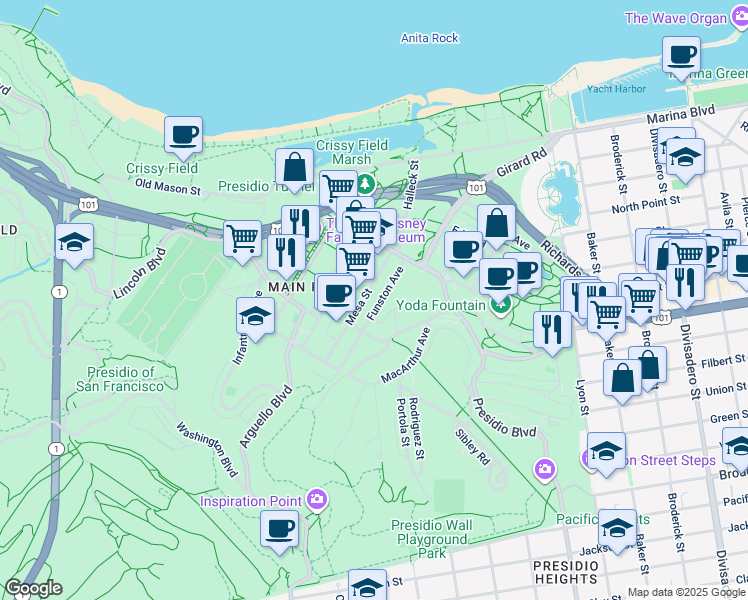 map of restaurants, bars, coffee shops, grocery stores, and more near 4 Funston Avenue in San Francisco