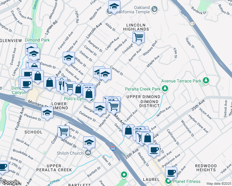 map of restaurants, bars, coffee shops, grocery stores, and more near 2941 Madeline Street in Oakland
