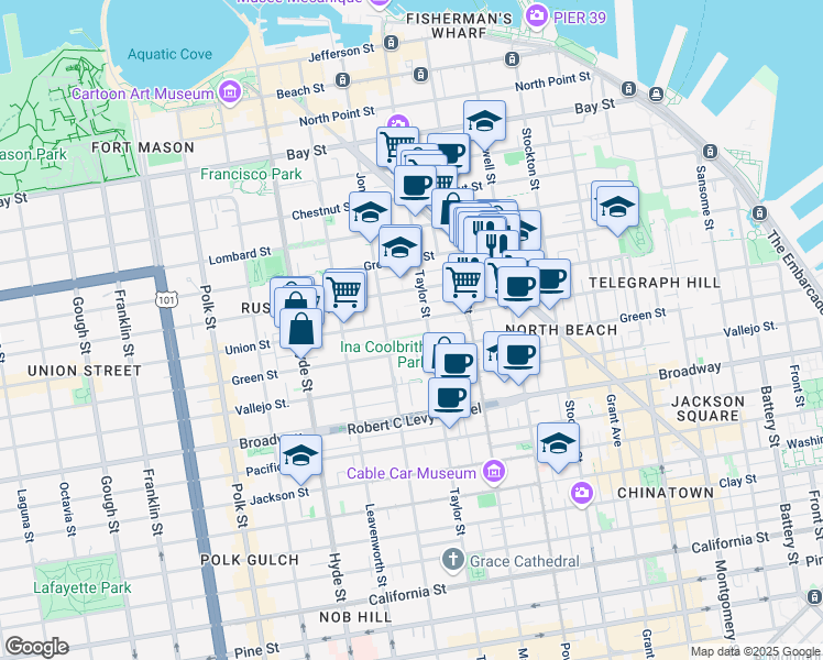 map of restaurants, bars, coffee shops, grocery stores, and more near 36 Macondray Lane in San Francisco