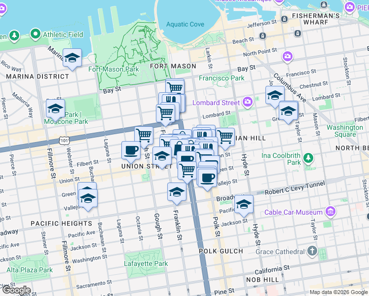 map of restaurants, bars, coffee shops, grocery stores, and more near Van Ness Ave & Filbert St in San Francisco