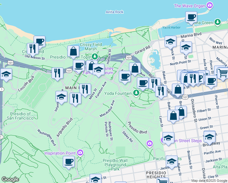 map of restaurants, bars, coffee shops, grocery stores, and more near 3 Funston Avenue in San Francisco