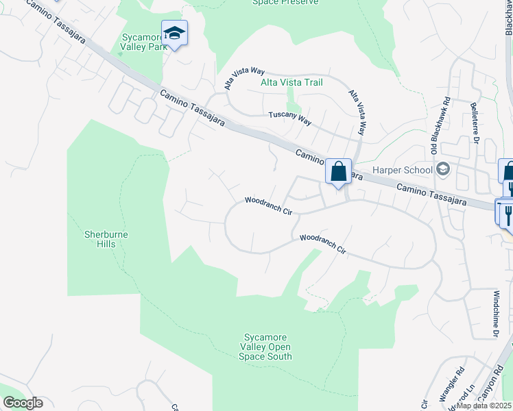 map of restaurants, bars, coffee shops, grocery stores, and more near 31 Woodranch Circle in Danville