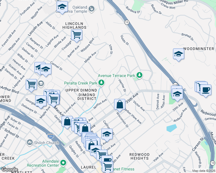 map of restaurants, bars, coffee shops, grocery stores, and more near 4121 Norton Avenue in Oakland