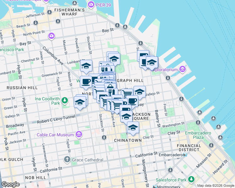 map of restaurants, bars, coffee shops, grocery stores, and more near 1309 Kearny Street in San Francisco