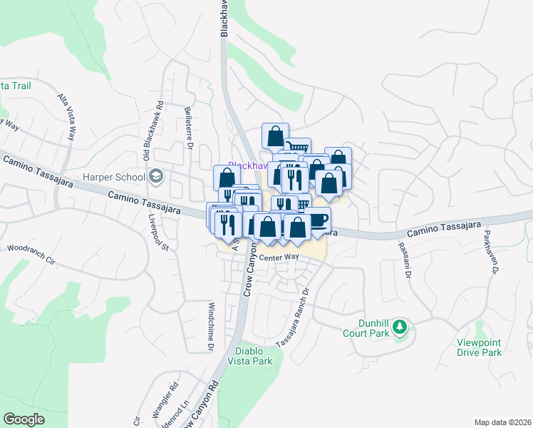 map of restaurants, bars, coffee shops, grocery stores, and more near 3880 Blackhawk Road in Danville
