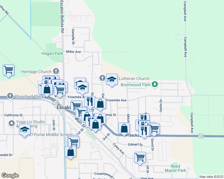 map of restaurants, bars, coffee shops, grocery stores, and more near 1998 Yosemite Avenue in Escalon