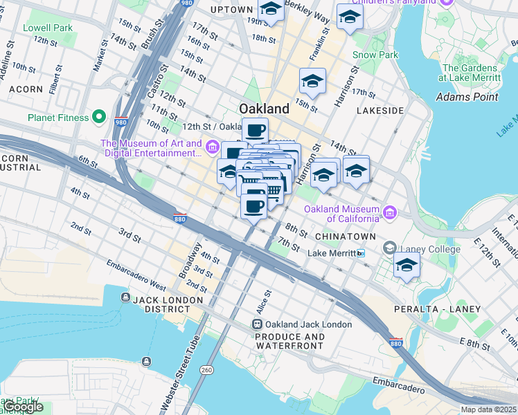 map of restaurants, bars, coffee shops, grocery stores, and more near 350 9th Street in Oakland