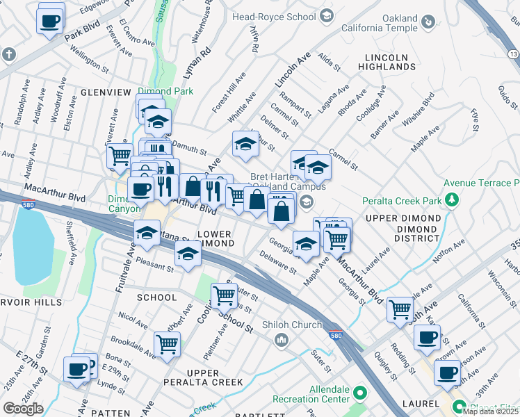 map of restaurants, bars, coffee shops, grocery stores, and more near 3600 Laguna Avenue in Oakland