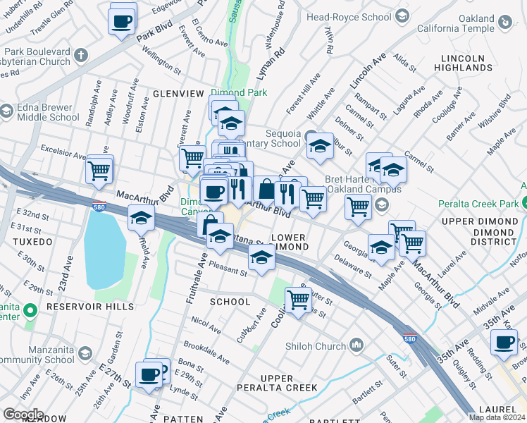 map of restaurants, bars, coffee shops, grocery stores, and more near in Oakland