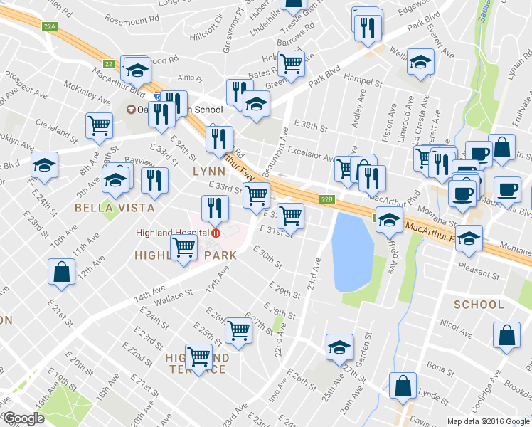map of restaurants, bars, coffee shops, grocery stores, and more near 3130 East 31st Street in Oakland
