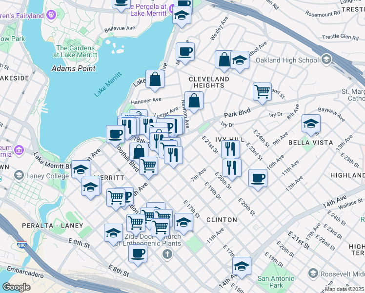 map of restaurants, bars, coffee shops, grocery stores, and more near 2001 5th Avenue in Oakland