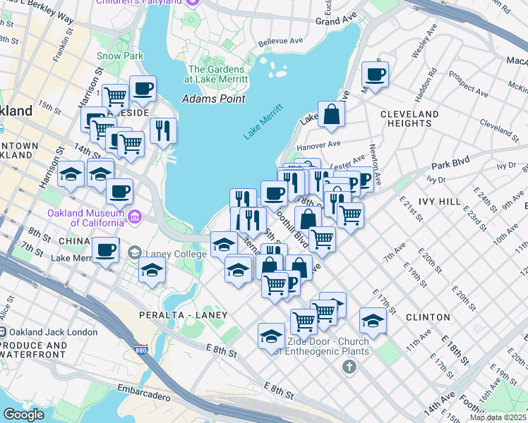 map of restaurants, bars, coffee shops, grocery stores, and more near 1524 1st Avenue in Oakland