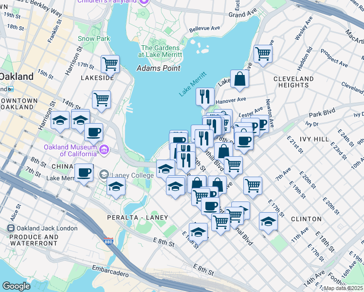 map of restaurants, bars, coffee shops, grocery stores, and more near 1524 1st Avenue in Oakland