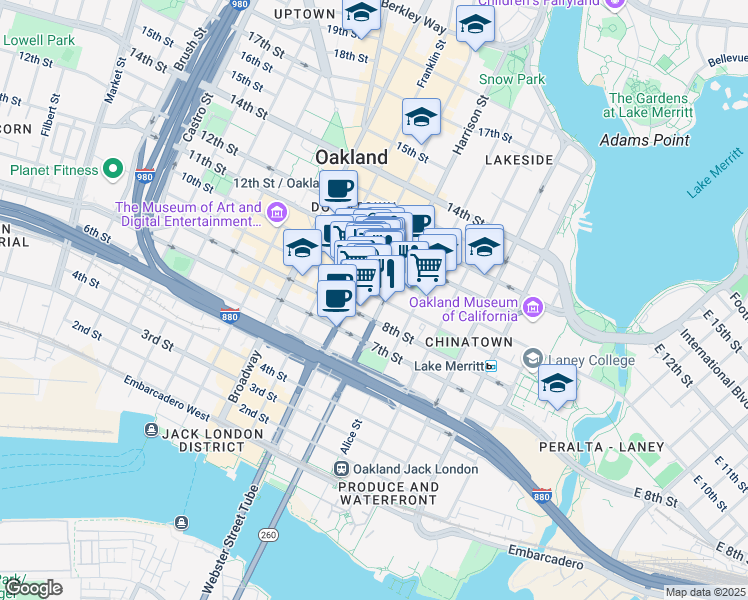 map of restaurants, bars, coffee shops, grocery stores, and more near in Oakland