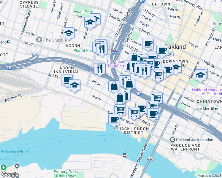 map of restaurants, bars, coffee shops, grocery stores, and more near 431 Martin Luther King Junior Way in Oakland