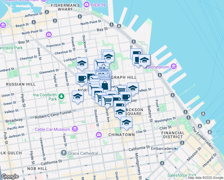 map of restaurants, bars, coffee shops, grocery stores, and more near 1309 Kearny Street in San Francisco