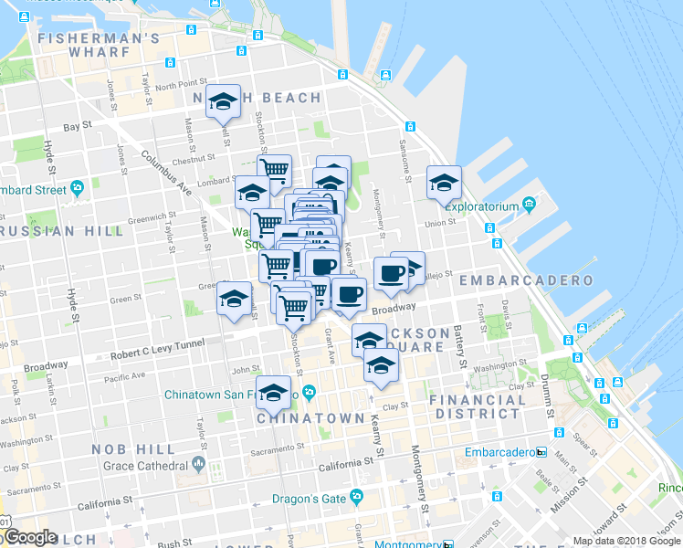 map of restaurants, bars, coffee shops, grocery stores, and more near 1309 Kearny Street in San Francisco