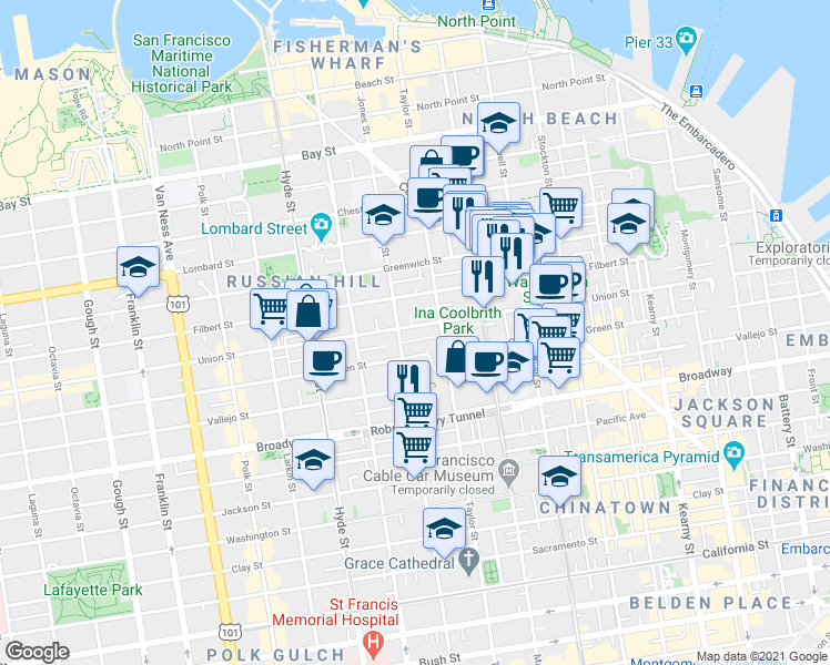 map of restaurants, bars, coffee shops, grocery stores, and more near 950 Union Street in San Francisco