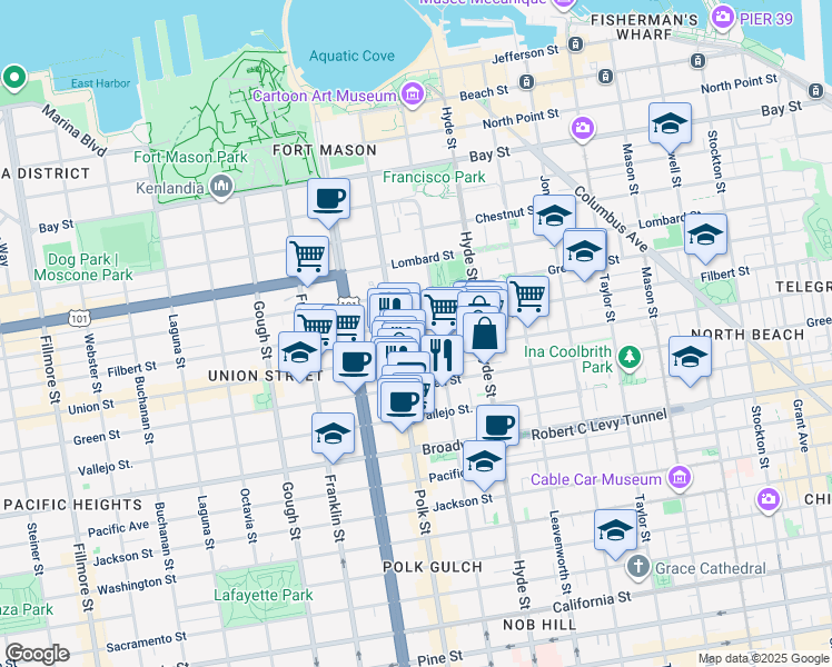map of restaurants, bars, coffee shops, grocery stores, and more near in San Francisco