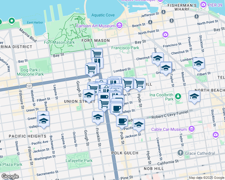 map of restaurants, bars, coffee shops, grocery stores, and more near 2512 Polk Street in San Francisco