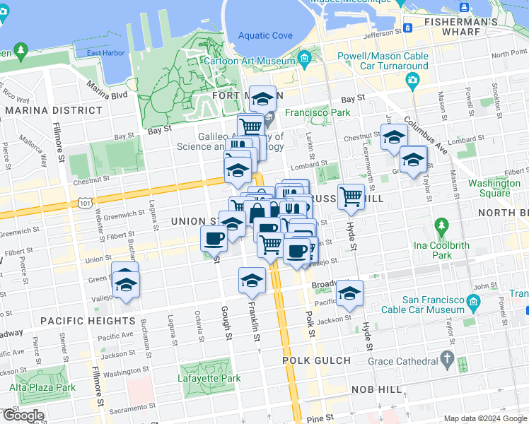map of restaurants, bars, coffee shops, grocery stores, and more near in San Francisco