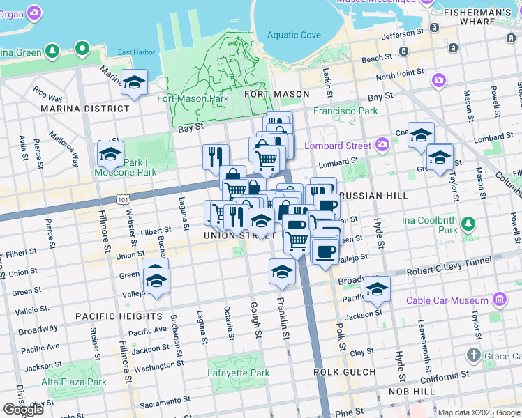 map of restaurants, bars, coffee shops, grocery stores, and more near in San Francisco