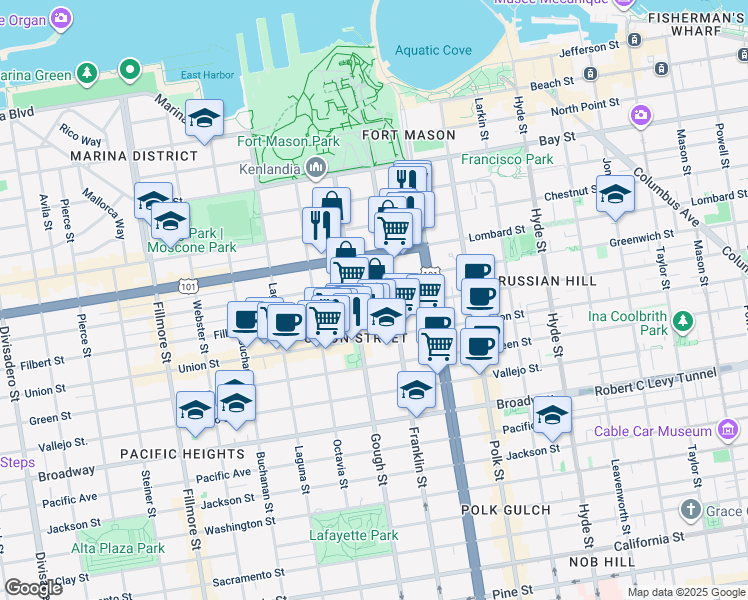 map of restaurants, bars, coffee shops, grocery stores, and more near 1661 Greenwich Street in San Francisco