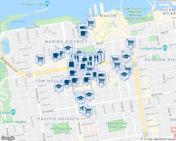 map of restaurants, bars, coffee shops, grocery stores, and more near 1880 Lombard Street in San Francisco