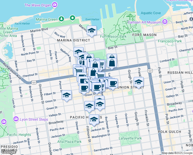 map of restaurants, bars, coffee shops, grocery stores, and more near 1880 Lombard Street in San Francisco