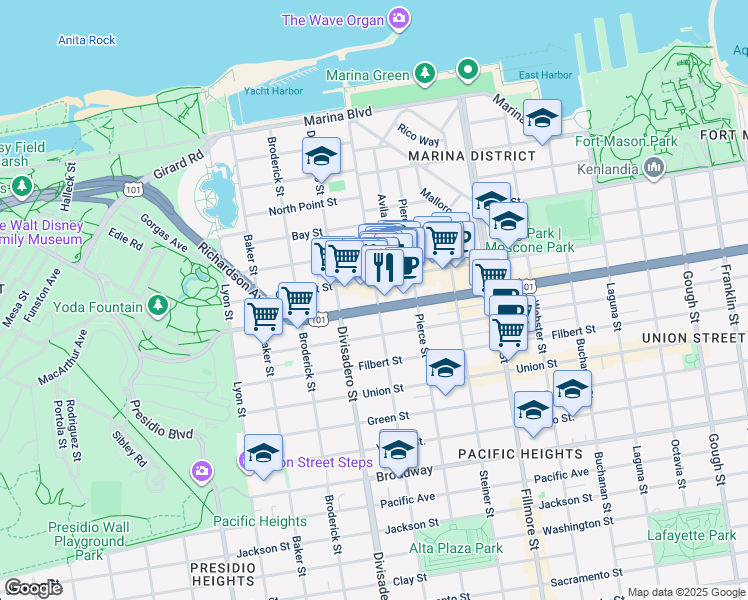 map of restaurants, bars, coffee shops, grocery stores, and more near in San Francisco