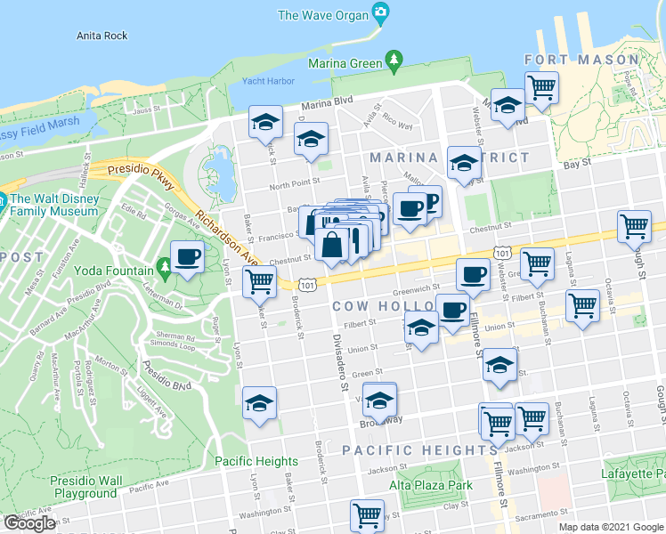 map of restaurants, bars, coffee shops, grocery stores, and more near 2355 Chestnut Street in San Francisco