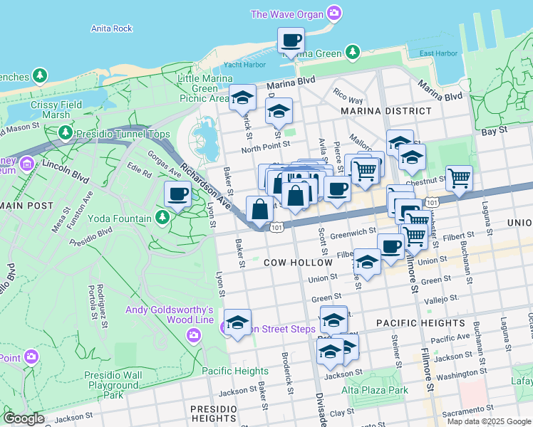 map of restaurants, bars, coffee shops, grocery stores, and more near 2430 Chestnut Street in San Francisco