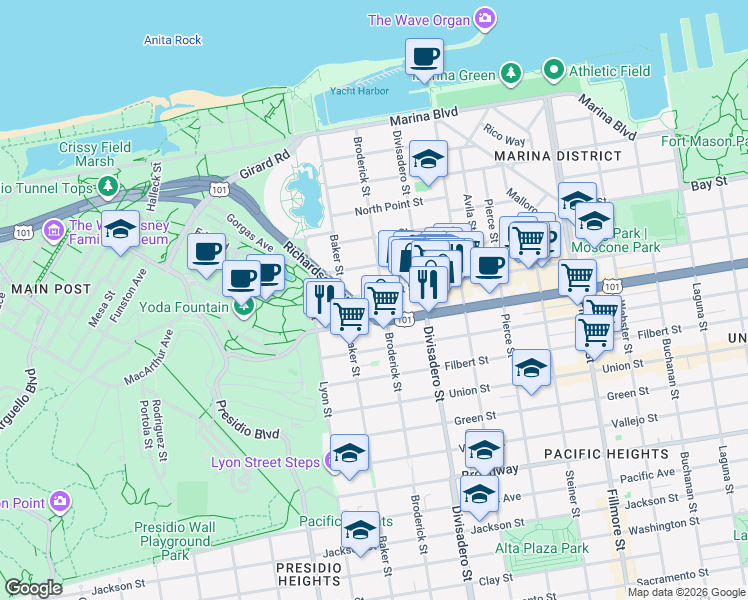 map of restaurants, bars, coffee shops, grocery stores, and more near 2534 Chestnut Street in San Francisco