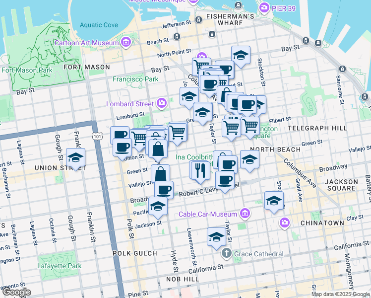 map of restaurants, bars, coffee shops, grocery stores, and more near 1059 Union Street in San Francisco