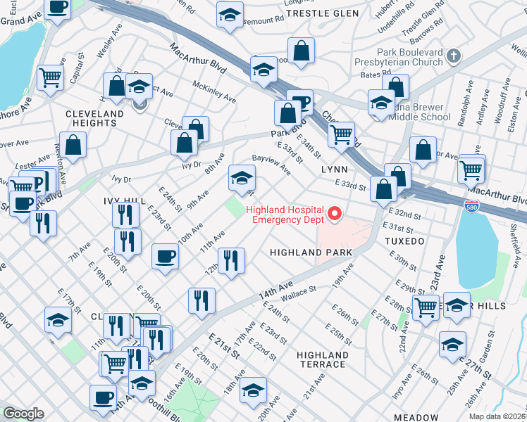 map of restaurants, bars, coffee shops, grocery stores, and more near 1112 East 28th Street in Oakland