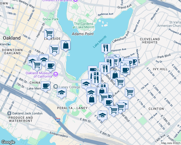 map of restaurants, bars, coffee shops, grocery stores, and more near 1402 Lakeshore Avenue in Oakland