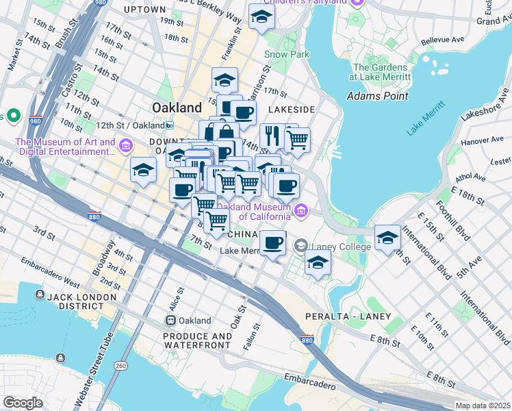 map of restaurants, bars, coffee shops, grocery stores, and more near 183 11th Street in Oakland
