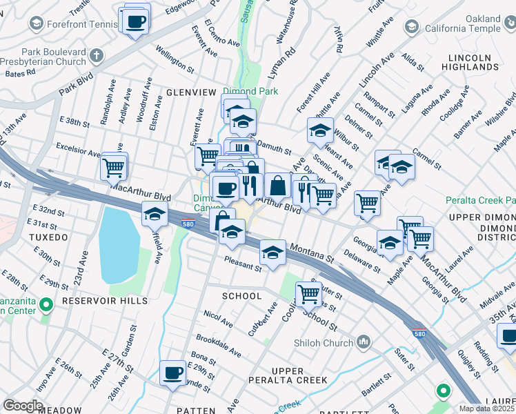 map of restaurants, bars, coffee shops, grocery stores, and more near in Oakland
