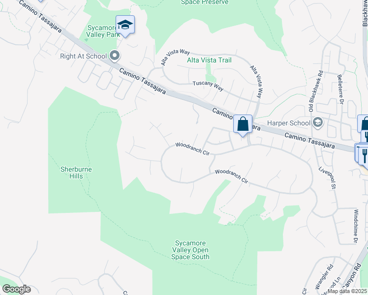 map of restaurants, bars, coffee shops, grocery stores, and more near 31 Woodranch Circle in Danville