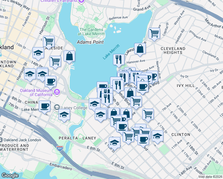 map of restaurants, bars, coffee shops, grocery stores, and more near 105 East 16th Street in Oakland