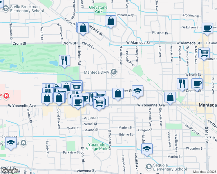 map of restaurants, bars, coffee shops, grocery stores, and more near 999 Center Street in Manteca