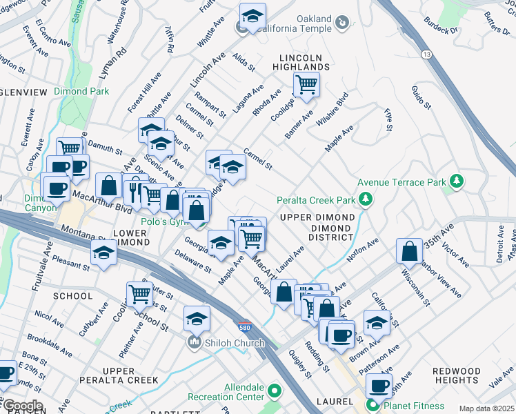 map of restaurants, bars, coffee shops, grocery stores, and more near 2941 Madeline Street in Oakland