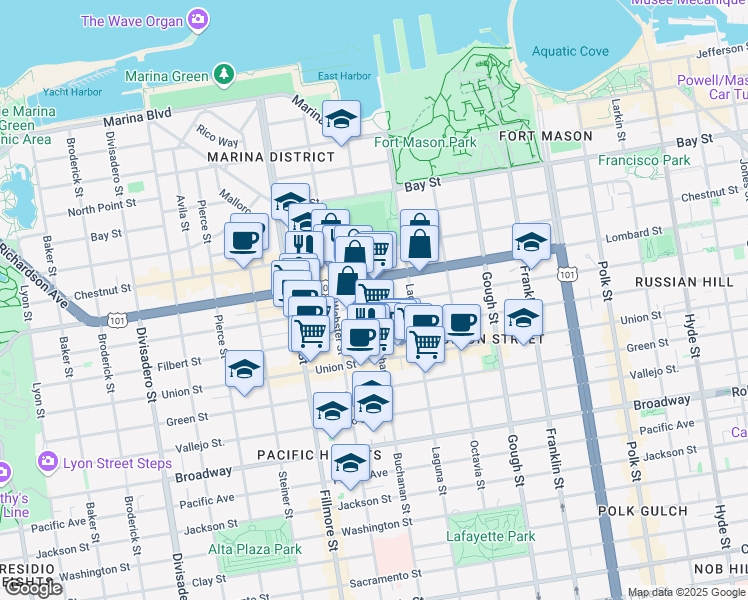 map of restaurants, bars, coffee shops, grocery stores, and more near 3211 Buchanan St in San Francisco